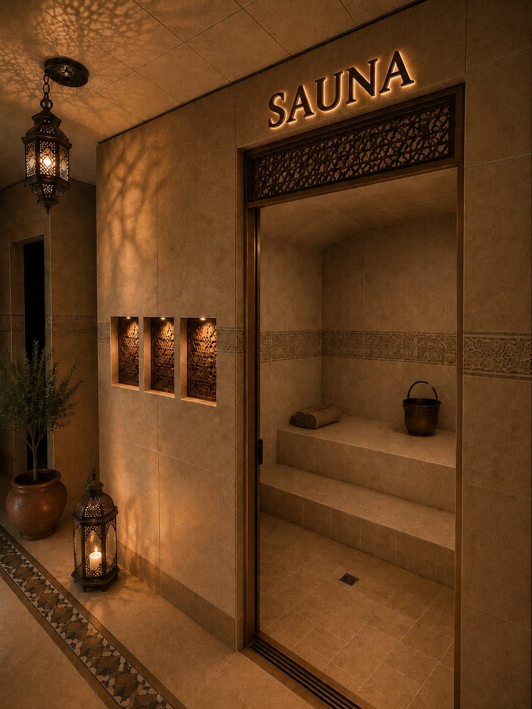 Entrée du sauna, ambiance orientale feutrée